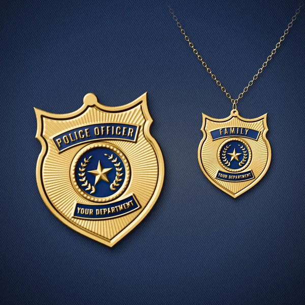 A gold police badge and a matching miniature family badge on a chain