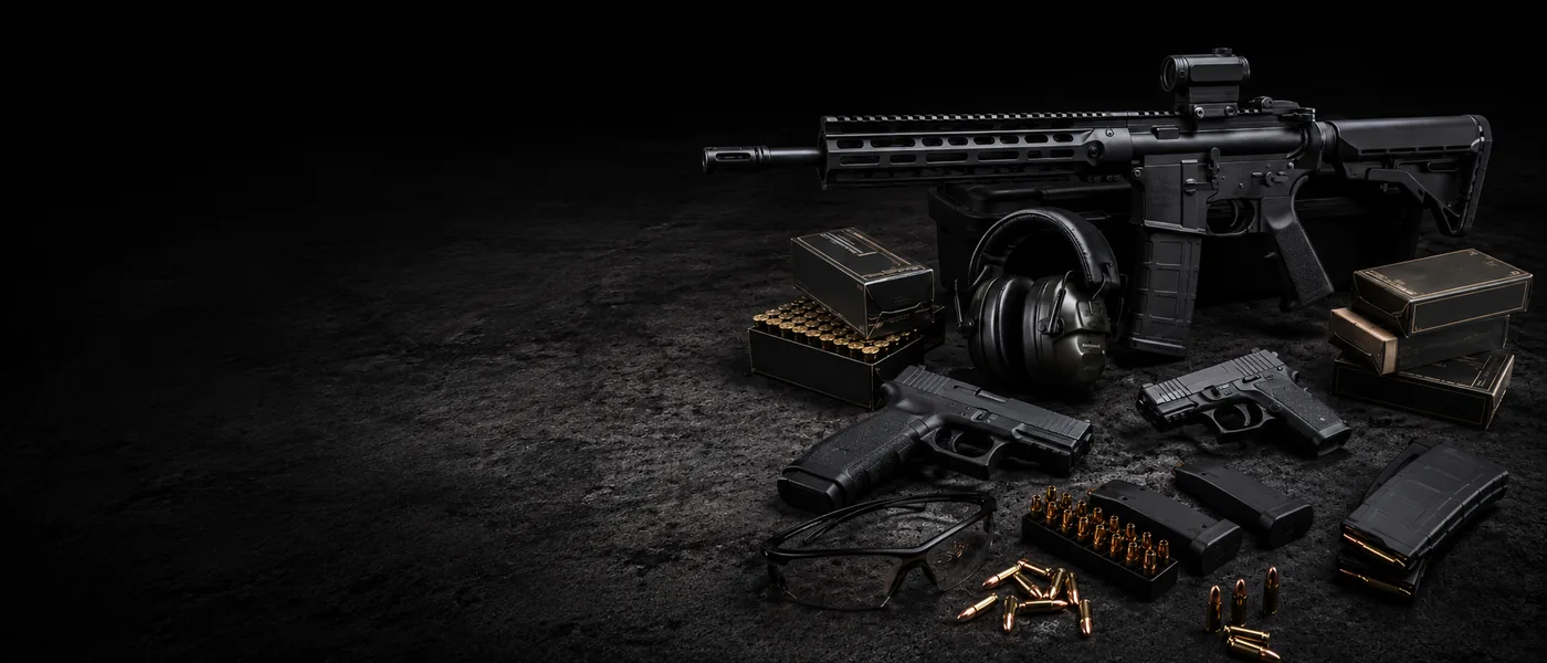 A rifle, two pistols, magazines, hearing protection and boxes of ammunition on a dark floor