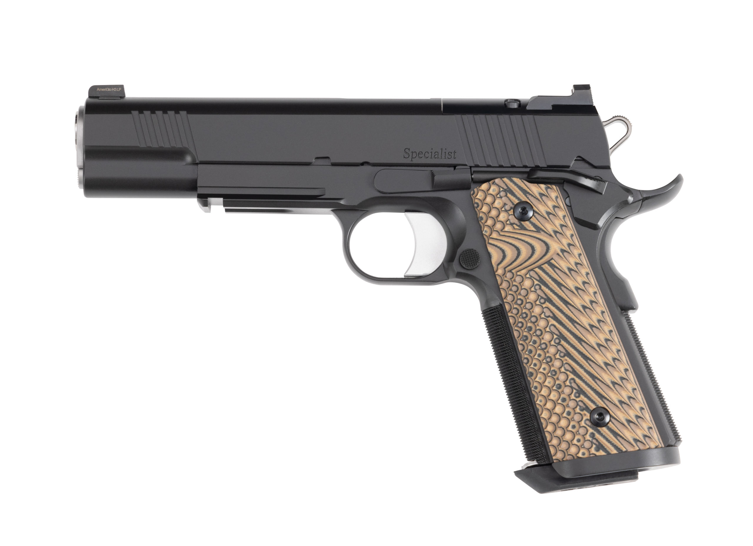 Full Size Frame 10mm Auto 8+1 5³ Stainless Match Grade Barrel, Black Duty Optics Ready/Serrated Steel Slide, Black Duty Steel Frame w/Picatinny Rail, Black/Brown G10 Grip