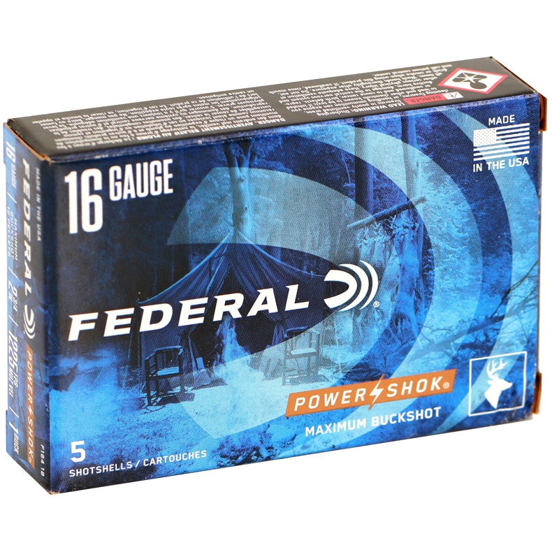 Federal Power-Shok 16 Gauge Ammo 2-3/4" Buffered #1 Buckshot 12 Pellets - F164 1B