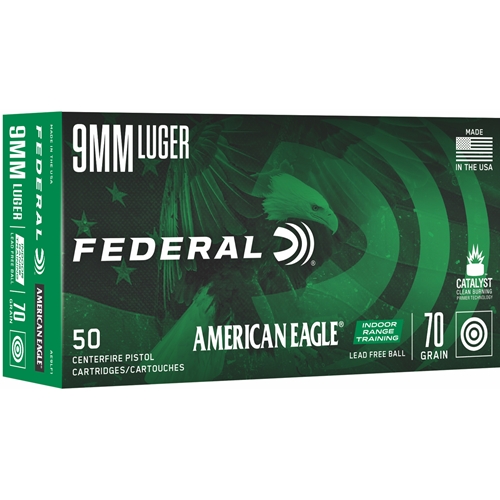 Federal American Eagle Indoor Range Training 9 mm Ammo 70 Grain Lead Free Ball – AE9LF1
