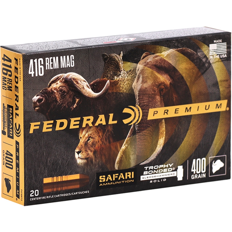 Federal Cape‑Shok .416 Remington Magnum Ammo 400 Grain Trophy Bonded Sledgehammer Solid - P416RT2