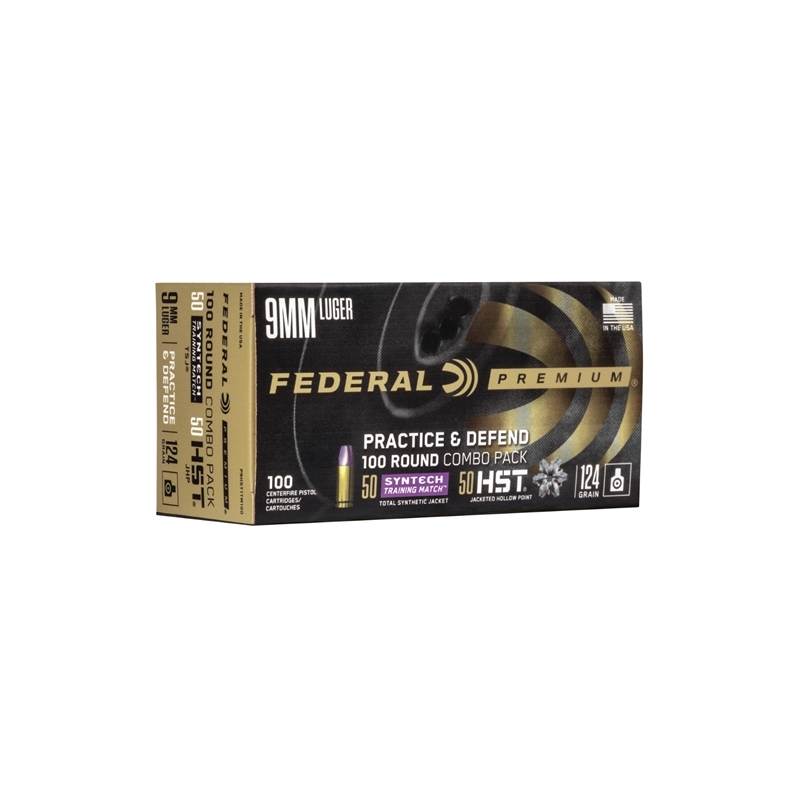 Federal Practice & Defend 9mm Ammo 124 Grain Synthetic/HST 100 Rounds Combo Pack - P9HST1M100