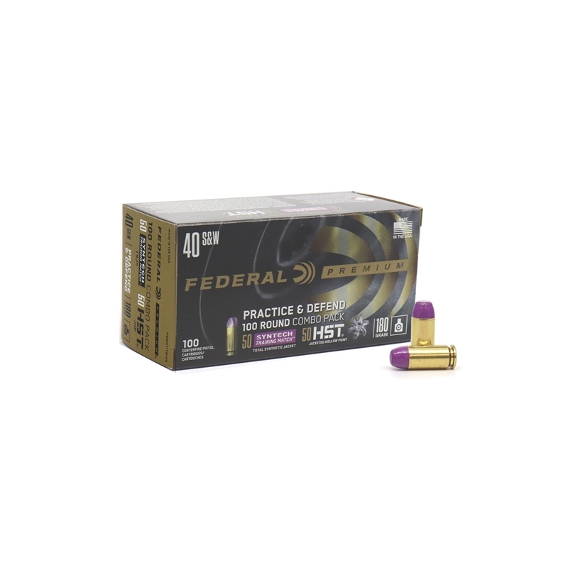 Federal Practice & Defend 40 S&W Ammo 180 Grain HST Jacketed Hollow Point - P40HST1TM100