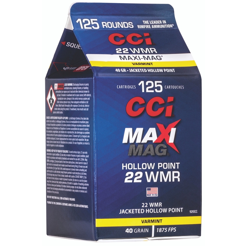 CCI Maxi-Mag 22 WMR Ammo 40 Grain Jacketed Hollow Point 125 Rounds - 920CC
