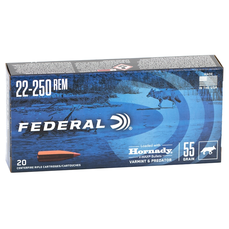 Federal Varmint & Predator 22-250 Remington Ammo 55 Grain Hornady V-Max - V22250VM2