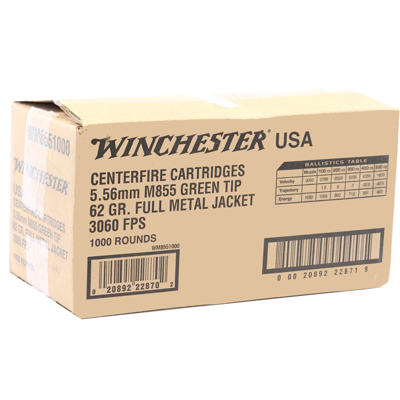 Winchester USA 5.56mm M855 NATO Ammo 62 Grain Green Tip FMJ 1000 Rounds 