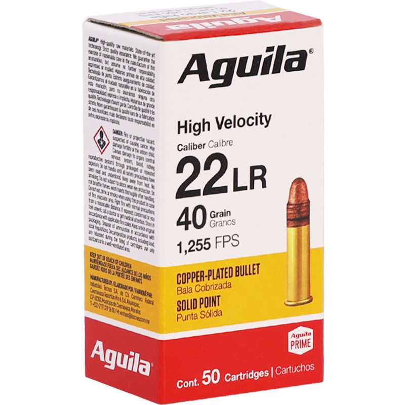 Aguila High Velocity 22 Long Rifle Ammo 40 Grain Copper Plated Solid Point - 1B220328
