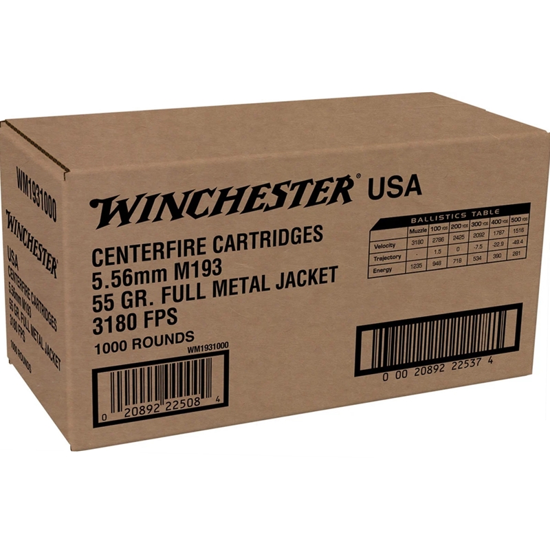 Winchester USA 5.56mm NATO M193 Ammo 55 Grain Full Metal Jacket - WM1931000