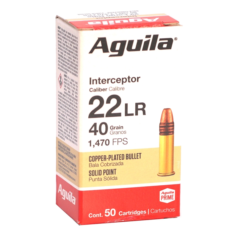 Aguila Ammo Interceptor 22 Long Rifle Ammo 40 Grain Copper Plated Solid Point - 1B220320
