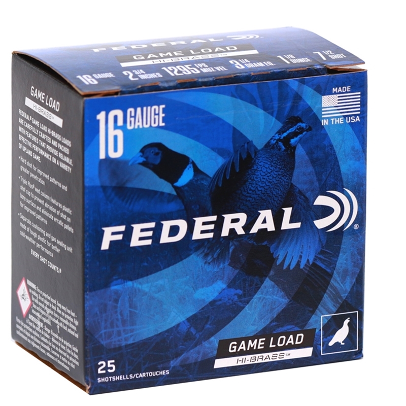 Federal Game Load Upland Hi-Brass 16 Gauge Ammo 2 3/4" 1 1/8 oz #7.5 Lead Shot 394 Pellets - H163 7.5