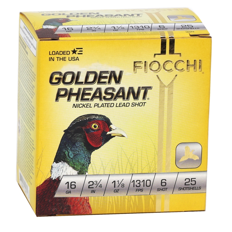 Fiocchi Golden Pheasant 16 Gauge Ammo 2 3/4" 1 1/8 oz #6 Nickel-Plated Lead Shot - 16GP6