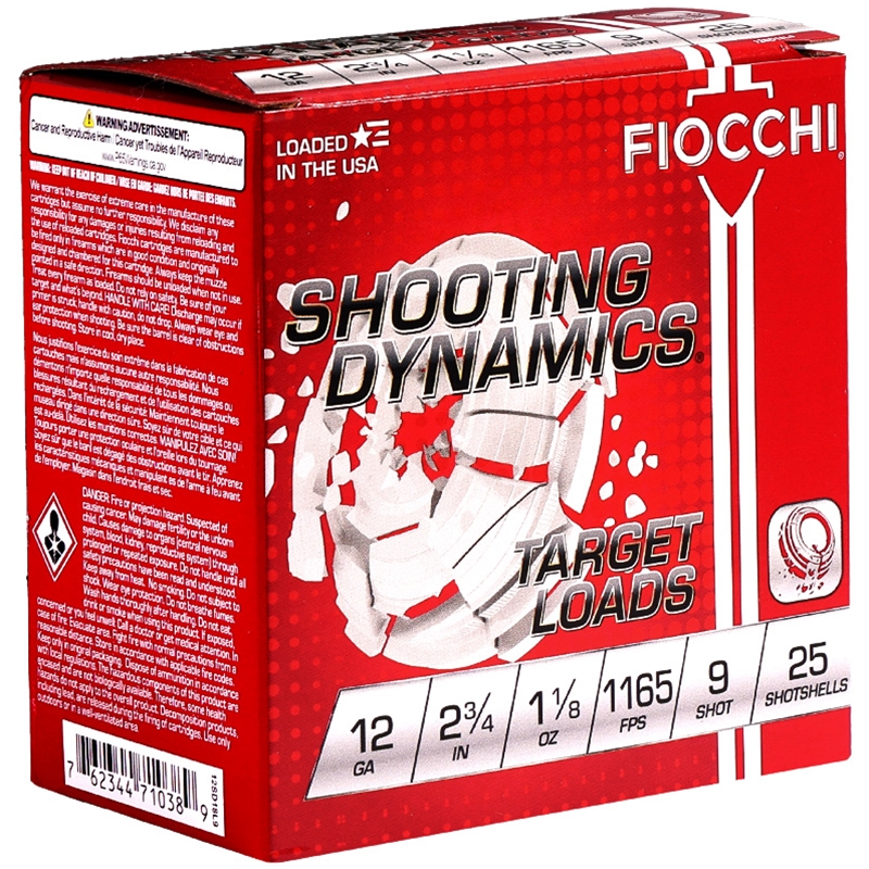 Fiocchi Shooting Dynamics 12 Gauge Ammo 2-3/4" 1-1/8 oz #9 Shot 250 Rounds - 12SD18L9