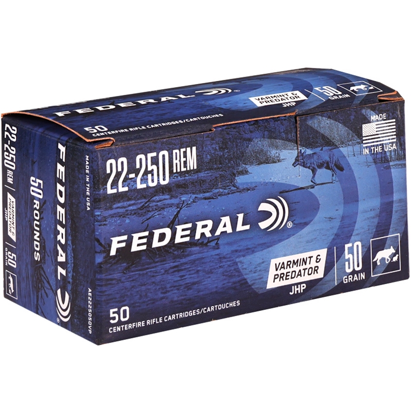 Federal American Eagle Varmint and Predator 22-250 Remington Ammo 50 Grain Jacketed Hollow Point